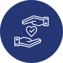 A blue circular icon featuring two hands in white outlines. One hand is positioned above and the other below a small heart, also in white outline, symbolizing the care and protection provided by veterinarians.