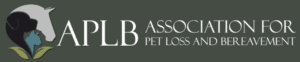 Logo for the Association for Pet Loss and Bereavement (APLB) featuring silhouettes of a horse, dog, and cat above green leaves. The text to the right reads