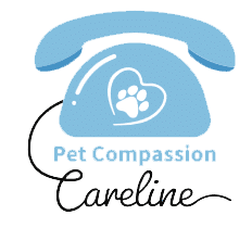 Logo for Pet Compassion Careline. The image features a light blue retro telephone with a heart-shaped paw print on it, symbolizing the caring touch of a vet. Below the phone,
