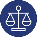 A round, dark blue icon features a white outline of balanced scales. The scales are evenly balanced, symbolizing justice or fairness. The background is fully shaded in dark blue, evoking the trust and care one would expect from a dedicated vet.