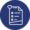 A blue circle with a white icon inside. The icon depicts a document, often seen at a veterinarian's office, with a heart symbol on the top left corner and a checklist of three items. The document has a folded corner at the bottom right.