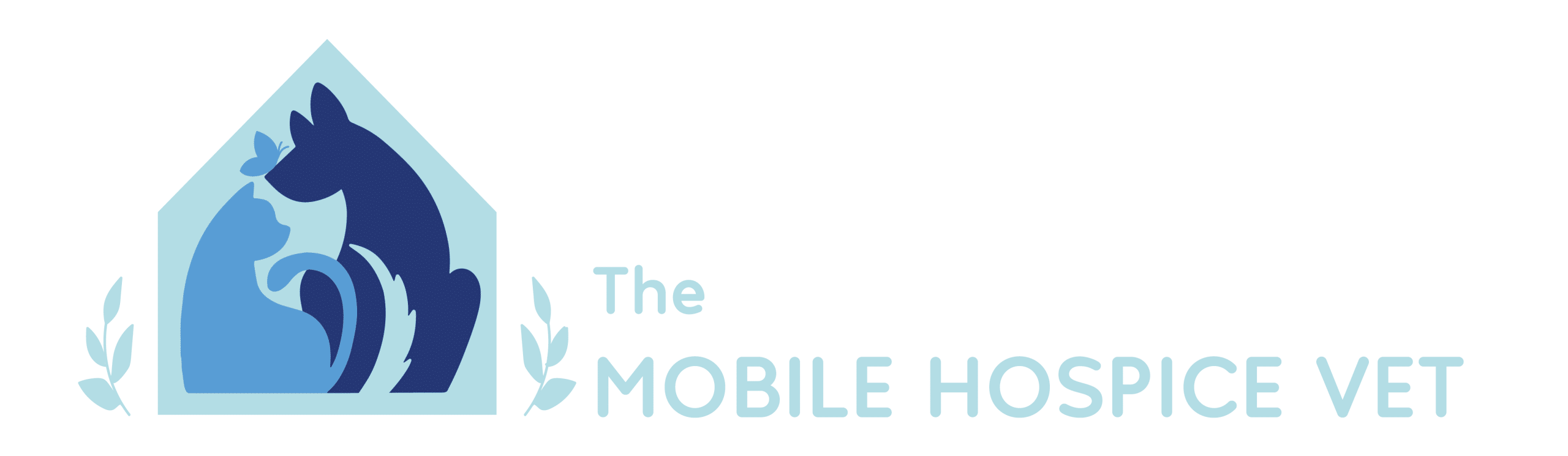 Logo of "The Mobile Hospice Vet" featuring a house outline with a blue silhouette of a dog and cat inside. There are two leaf motifs on either side of the house. Text reads "The Mobile Hospice Vet" in blue.