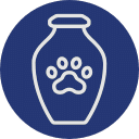 A simple line drawing of an urn with a paw print on it, centered in a dark blue circular background, symbolizing pet cremation or pet memorial services.
