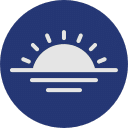 A white icon of a half-sun with rays and horizontal lines beneath it, representing a sunrise or sunset, set against a dark blue circular background.