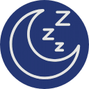 A white crescent moon with three "Z" symbols above it, representing sleep, on a dark blue circular background.